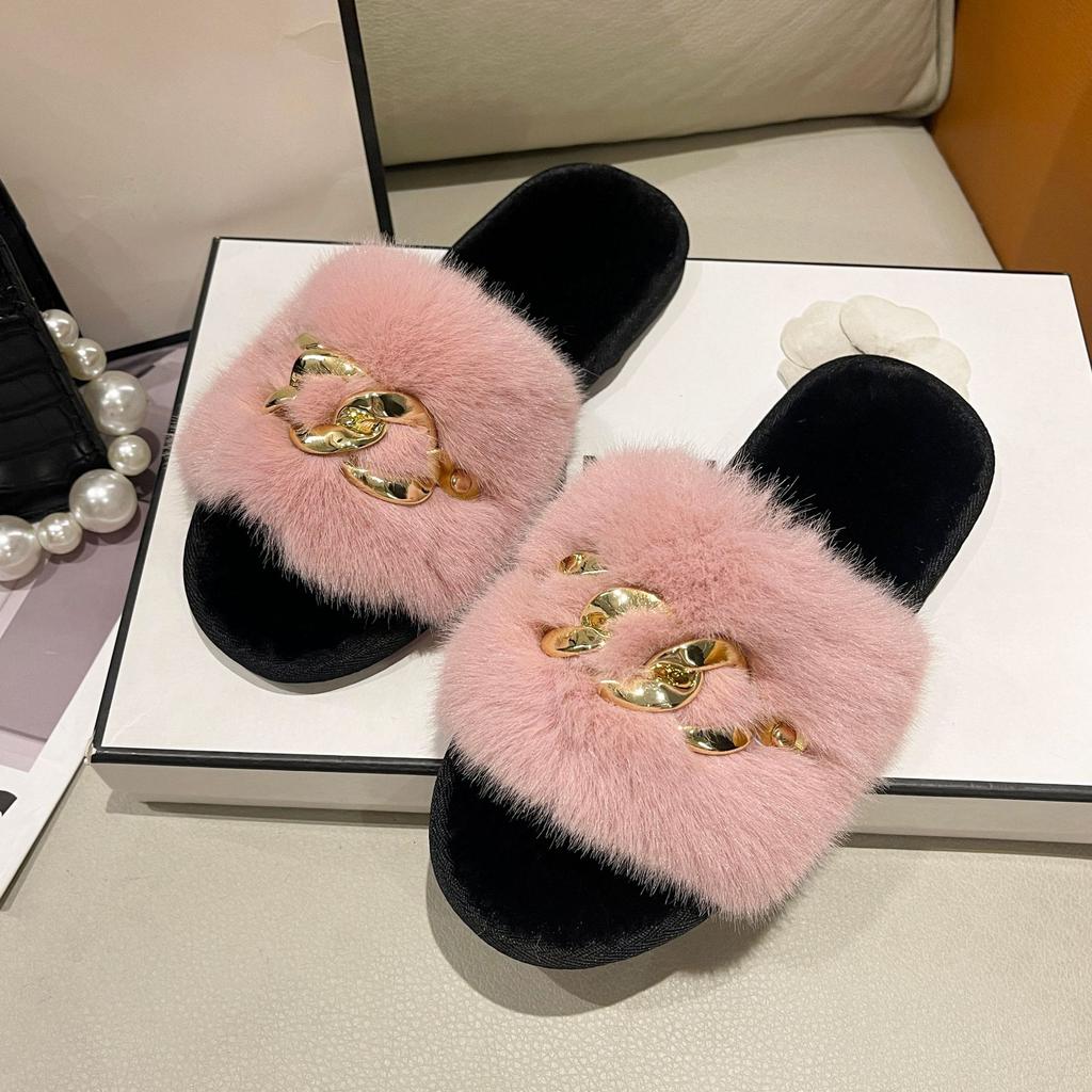 Fashion Chain Design Women Home Slippers Solid Color Open Toe Indoor Winter Flat Non-slip Leisure Interior Female Shoes 2024