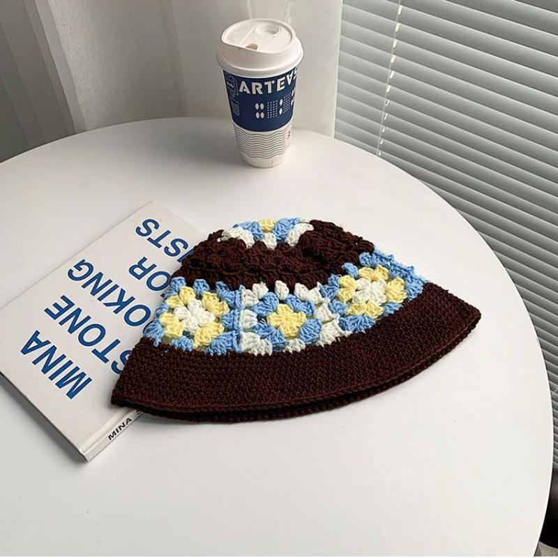 Handmade Crochet Flower Bucket Hat for Girls Korean Hot Travel Beach Panama Caps Design Knitted Hat Winter Beanie Wool Warm Cap