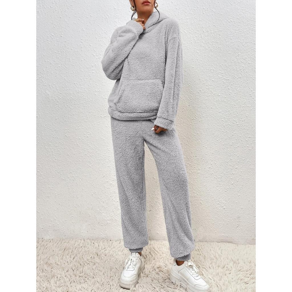 Осенне-зимняя однотонная женская одежда, худи с длинным рукавом, накладной карман, повседневные брюки, домашний комплект из двух предметов