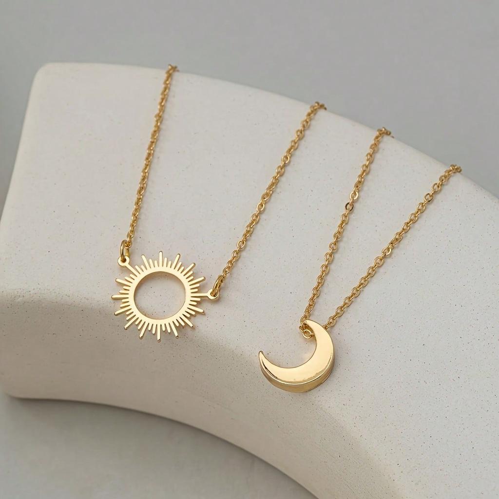 Набор из 2 подвесок на цепочке «Солнце и Луна» - Винтажный и Минималистичный Стиль, Железная Ковка, Богемные Ювелирные Изделия в Подарок, Идеально для Женщин Мужчин Повседневный Наряд