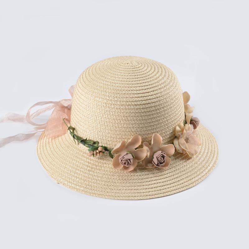 Straw Sun Hat with Decorative Faux Roses, Breathable UV Protection Wide Brim, Comfortable Portable Flat Top Cap