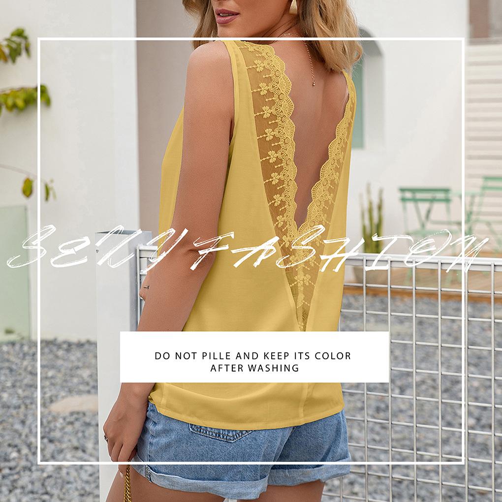 Женская рубашка без рукавов с V-образным вырезом, с кружевной вставкой на спине, однотонная