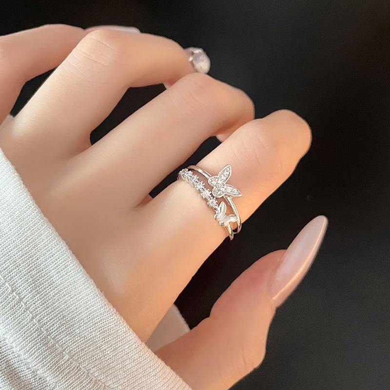 Butterfly Chain, Zircon Ring, Double-Layer Cold Wind Ring, Personalized Hip-Hop Index Finger Ring, Niche Design