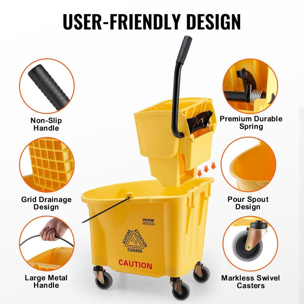 Mop Bucket with Wringer, 35 Qt. Commercial Mop Bucket with Side Press Wringer, Side-Press Mop Bucket and Wringer Combo on Wheels, for