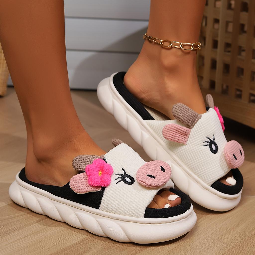 2024 Всесезонные дизайнерские тапочки с милым мультфильмом, милая корова, слон, хлопковая домашняя обувь для спальни, домашняя обувь на толстой подошве, пары, мужчины, женщины