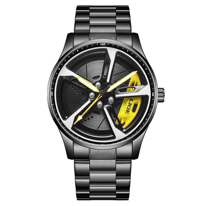 LIGE Fashion Men's Watch Luxury Stainless Steel Waterproof Sports Quartz Watch Supercar Wheel Dial Military Watches for Men+Box