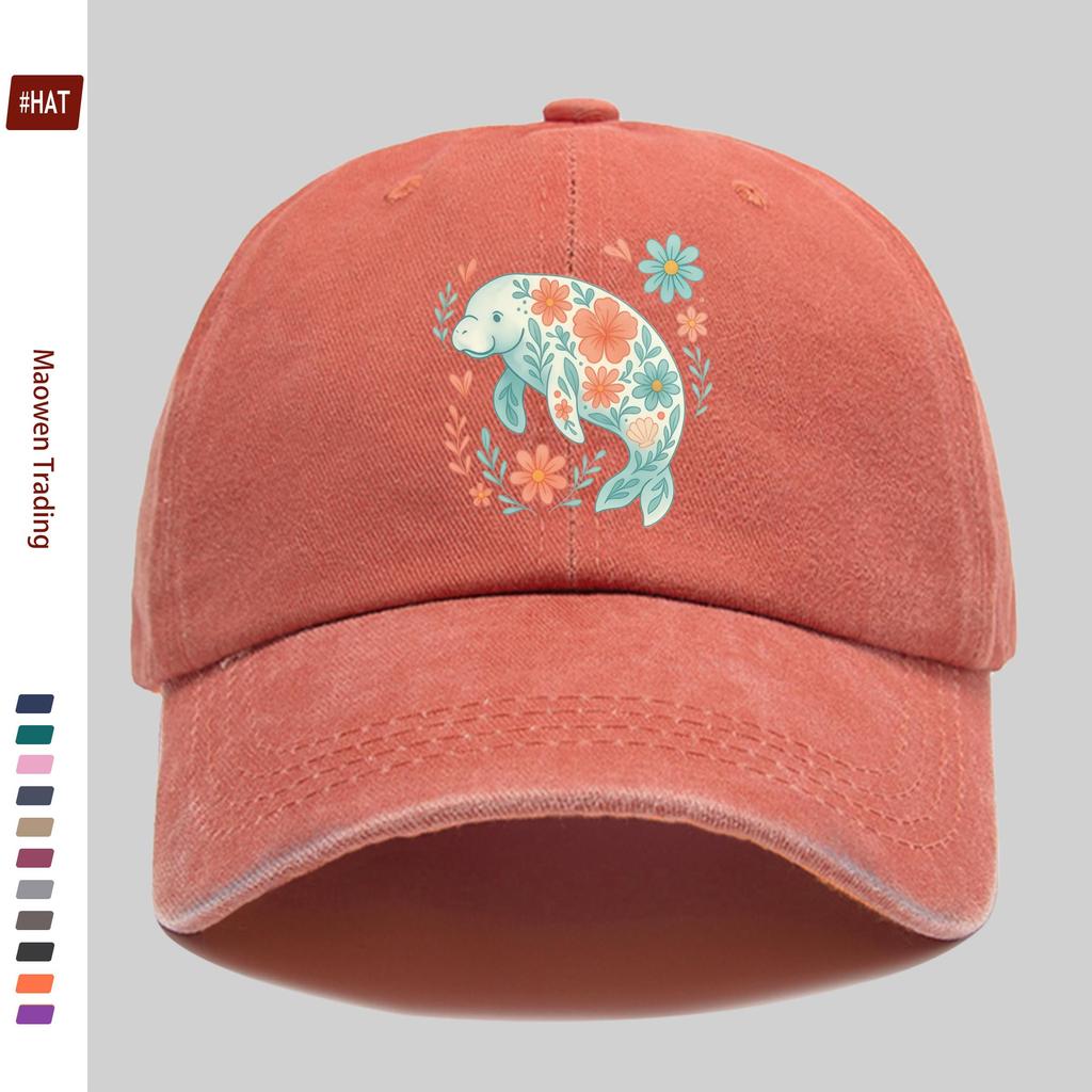 pc Floral Manatee Fresh Cartoon Print Baseball Cap Travel Leisure Printed Sun Hat Party Decorative Hat Multiple Colors Avail