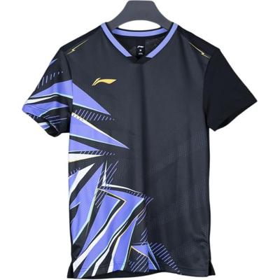 Li Ning повседневная удобная спортивная тренировочная соревновательная рубашка с принтом с коротким рукавом для бадминтона мужская черная AAYU133-1