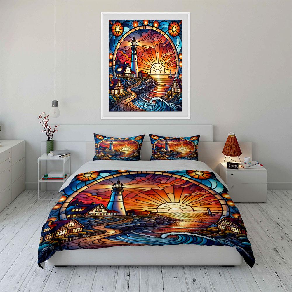 Lighthouse Sunset Stained Glass Decoration Bedding Set with 1 Duvet Cover 2 Pillowcases Single Double King Queen, Gift