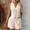 Women'S Solid Casual Two Piece Sets Fashion V-Neck Sleeveless Vest Tops And Shorts Suit Women Summer Cotton Linen Sets