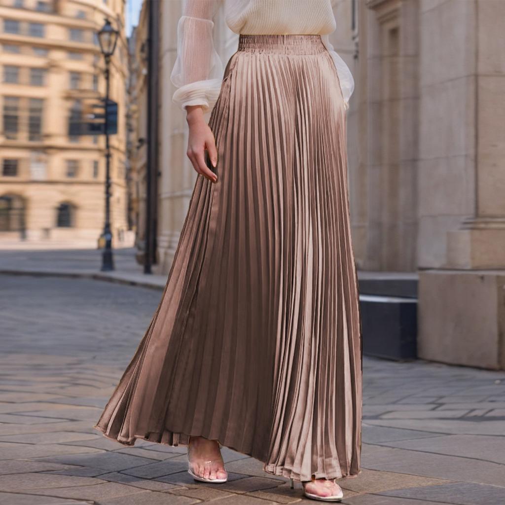 Women's Casual Pleated Solid Color Half Skirt, Pleated A-line Skirt, Large Swing Floor-length Skirt