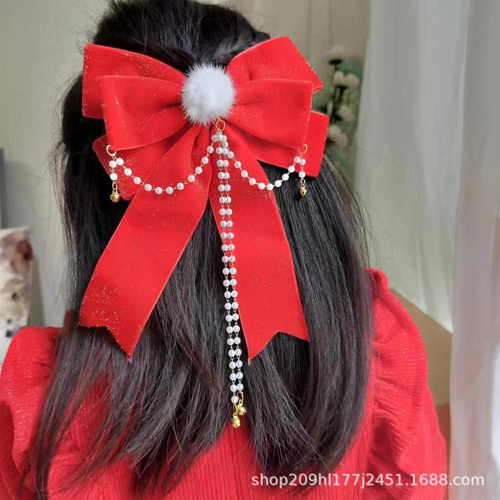 Праздничные красные новогодние аксессуары для волос: Ленты, банты, шпильки, головные уборы и заколки с кисточками для девочек
