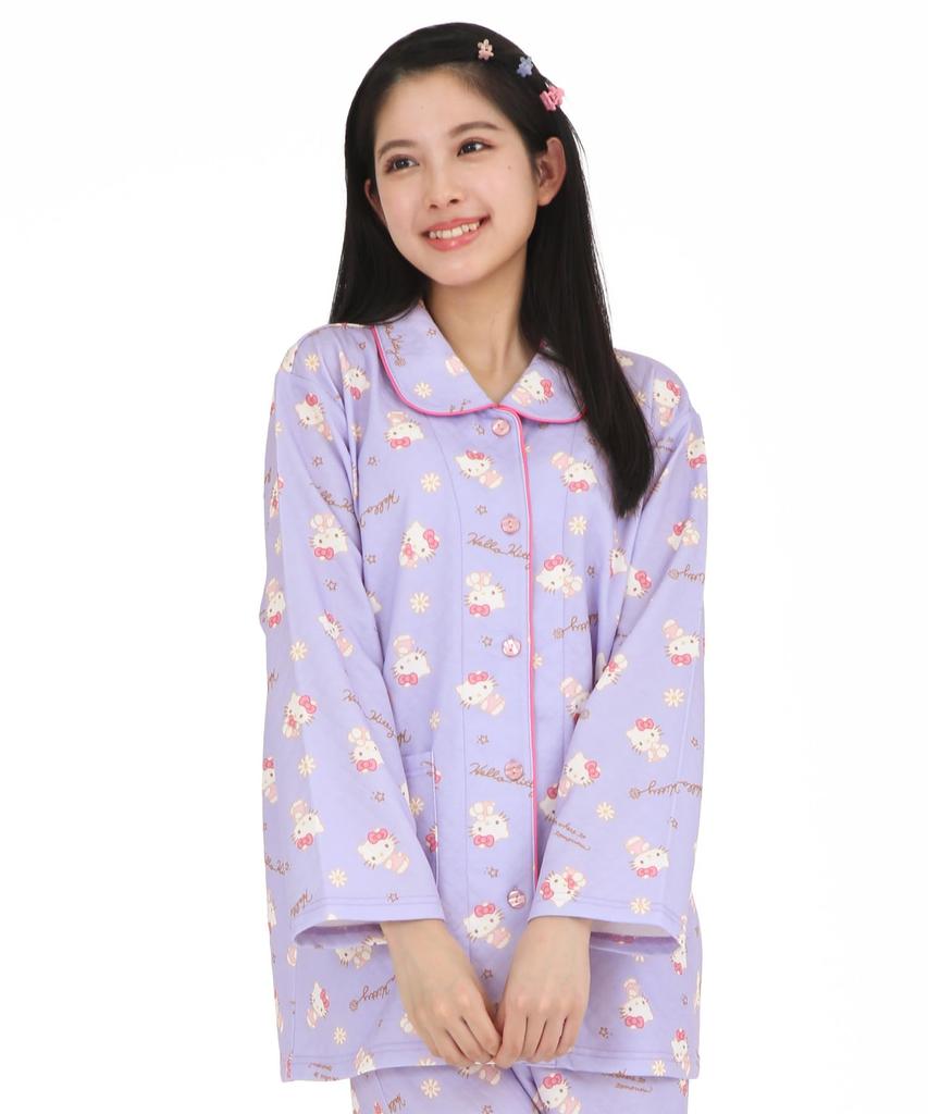 Hello Kitty рубашка пижама трикотажное одеяло длинный рукав длинные брюки верх и низ комплект комнатная одежда домашняя одежда [SAZAC] женская (Фиолетовый/М/SAN1854)