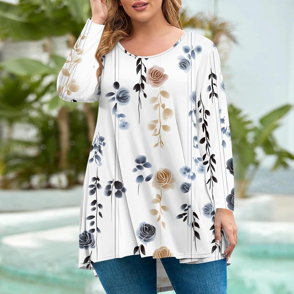 Женская мода большого размера с круглым вырезом и длинным рукавом, повседневный свободный пуловер с принтом