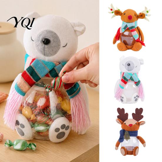Christmas Window Display Candy Jar, 3D Plush Reindeer Bear Clear Treat Container Tabletop Ornament with Scarf, Holiday Snack Storage Gift Box for Kids