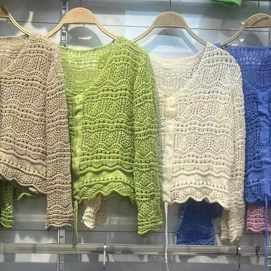 Summer Sexy Lolita Long Sleeve Hollow Knit Cover-up V-Neck Drawstring Sun Protection Short Sleeve Thin Sweater