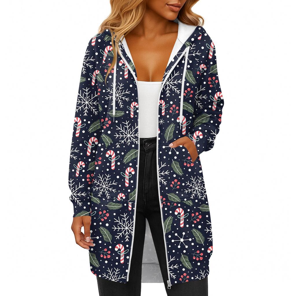 Women's Fashionable Christmas Printed Long Sleeved Drawstring Hooded Zipper Pocket Long Casual Sweatshirt Jacket