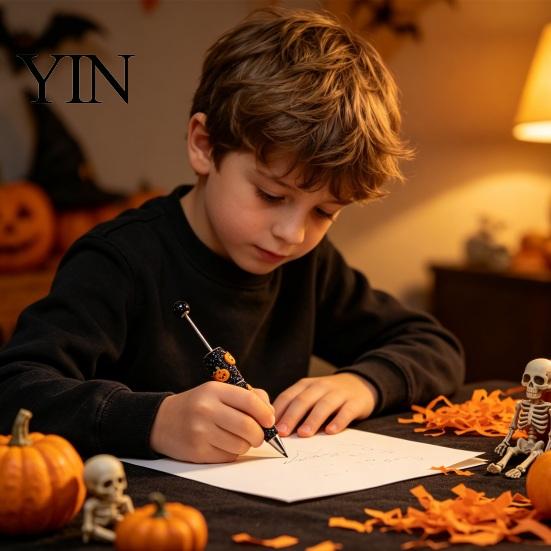 Festive Gel Ink Pen Rhinestone Beadable Pen, Glitter Plastic Beaded Halloween Pumpkin Ghost Skull Funny for DIY Craft Making, School Office