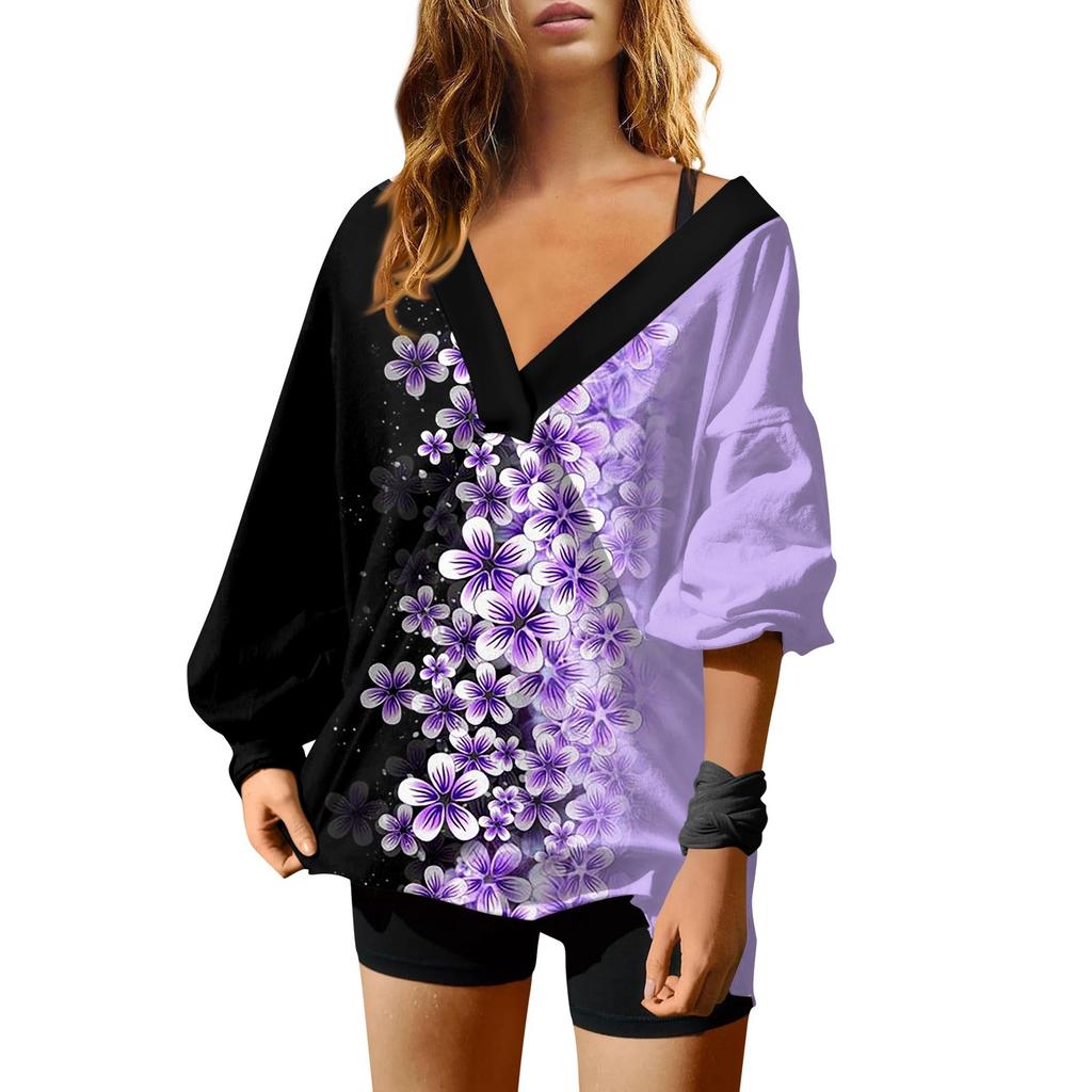 Женская мода ретро принтованный V-образный вырез длинный рукав свободный пуловер свитшот топ