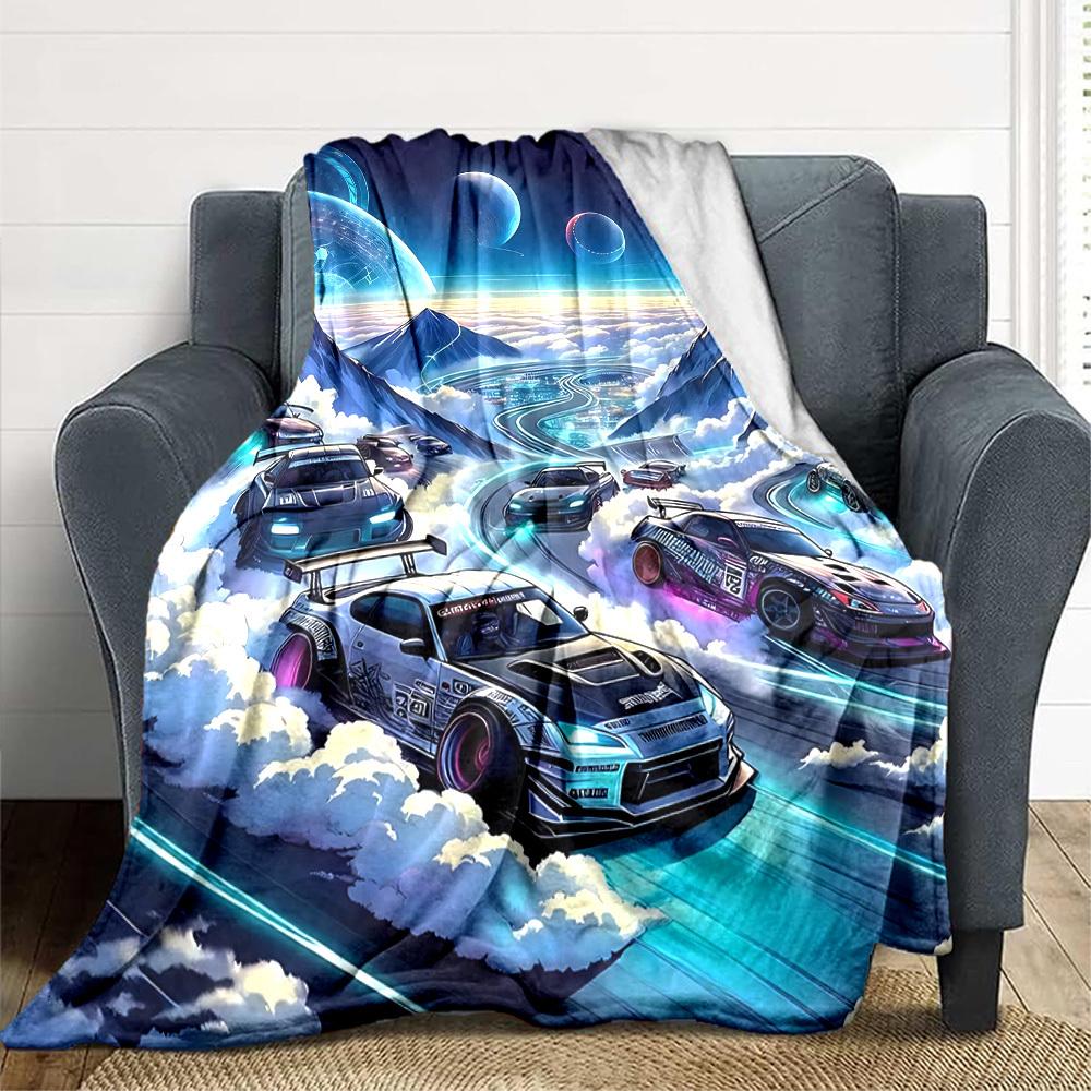 1pc Cloud Road Car Race Blanket Lightweight Flannel Blanket Throw Blanket For Sofa, Bed, Travel, Camping, Livingroom, Office, Couch