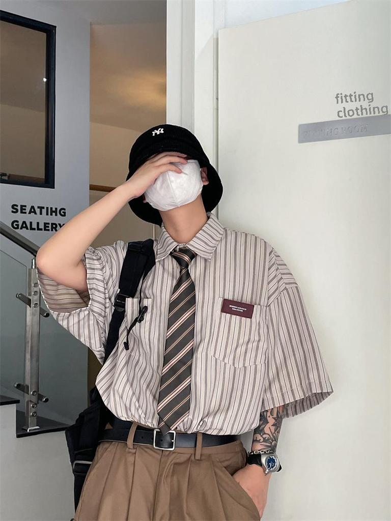 2023 Лето унисекс японский ретро полосатый лацкан короткий рукав модная рубашка