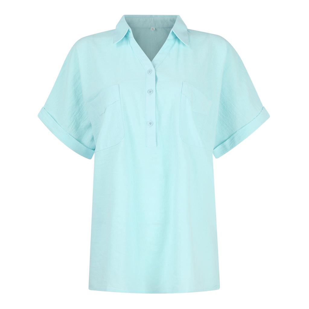 Женская новая однотонная рубашка-пуловер с короткими рукавами и двойными карманами, свободная хлопково-льняная рубашка