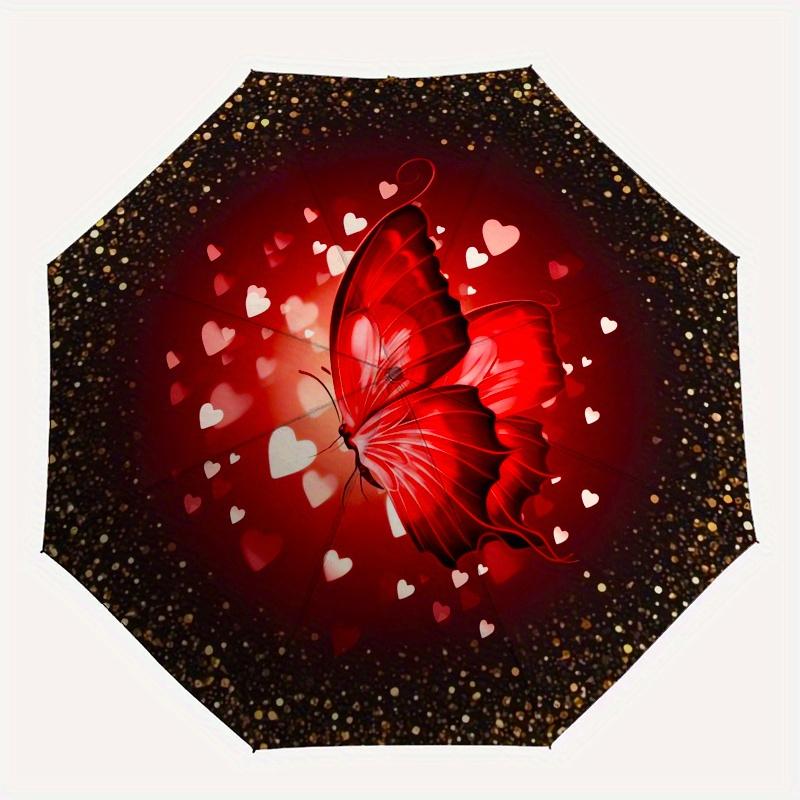 Butterfly,Hearts Automatic Folding Umbrella Simple 8 Rib Design, Bright Cartoon Pattern, Durable Iron Frame, Suitable For Travel, Outdoor,