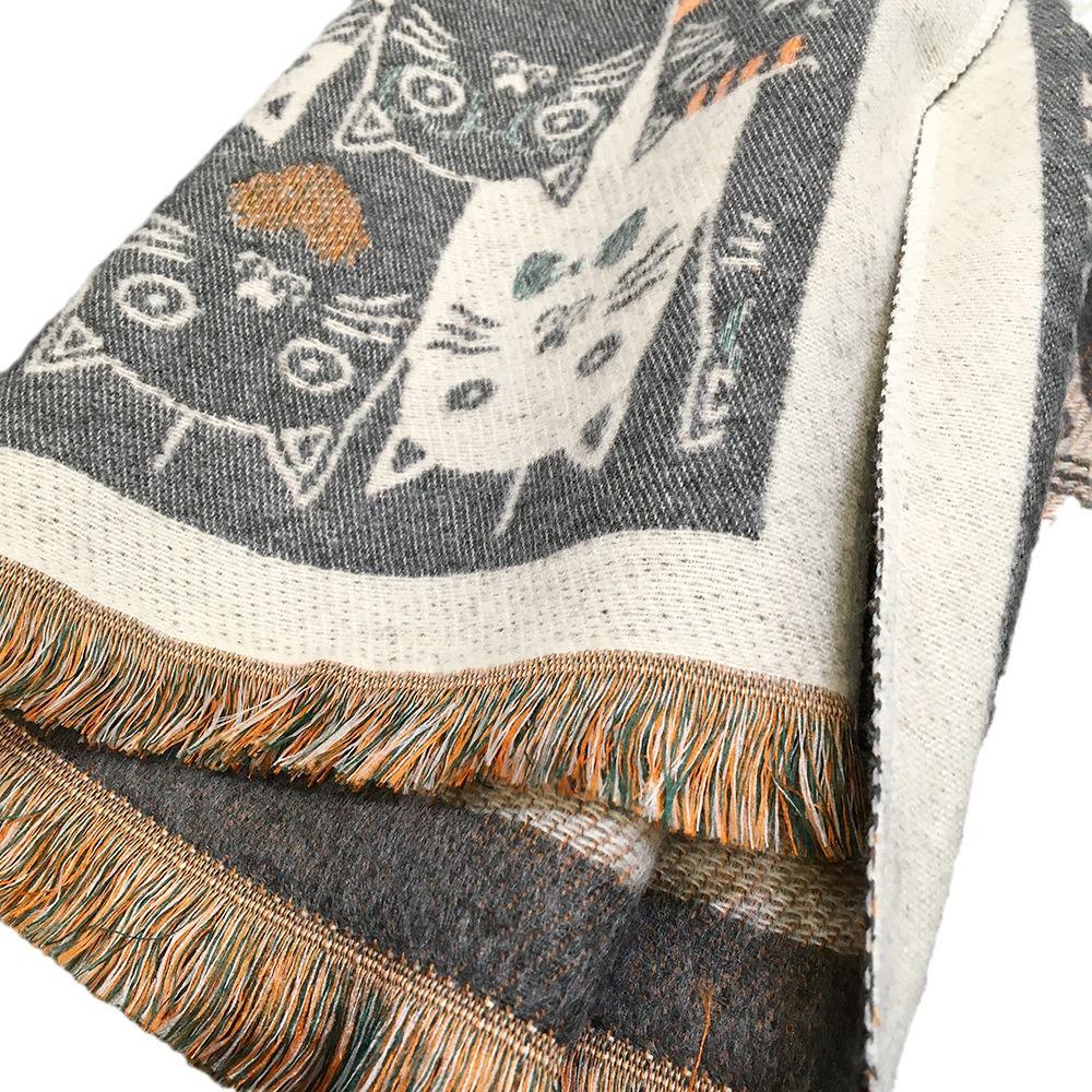 Cartoon Cat Cashmere Feel Tassel Scarf & Shawl - Women's Autumn/Winter Dual-Use Long Style