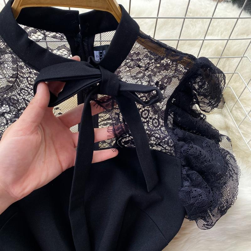 Lace Splice Black Office Work Dress French Style Summer Women Zipper O Neck Elegant Ladies Split Solid Slim Bodycon Dresses