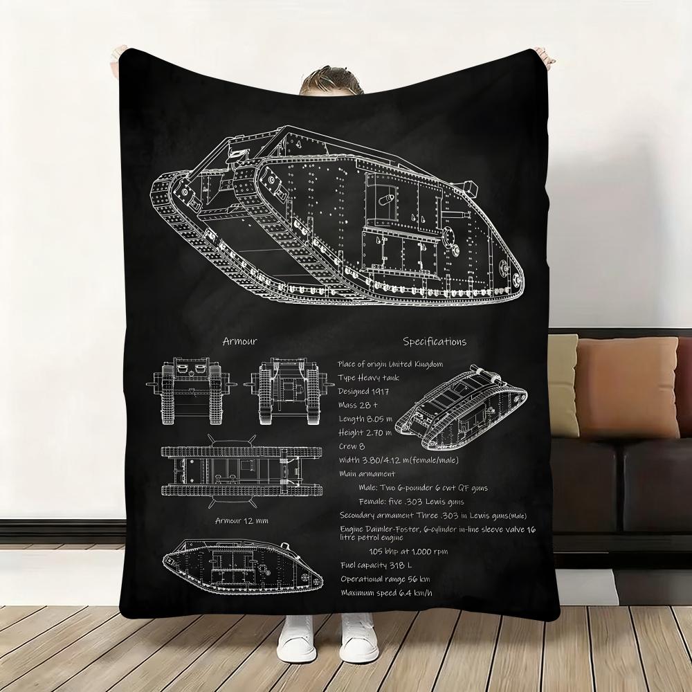 Tanks Blueprint Black Heavy Tank Throw Flannel Fluffy Soft Blanket Warm Skin-Friendly Throw for Sofa Bed Office Nap Winter