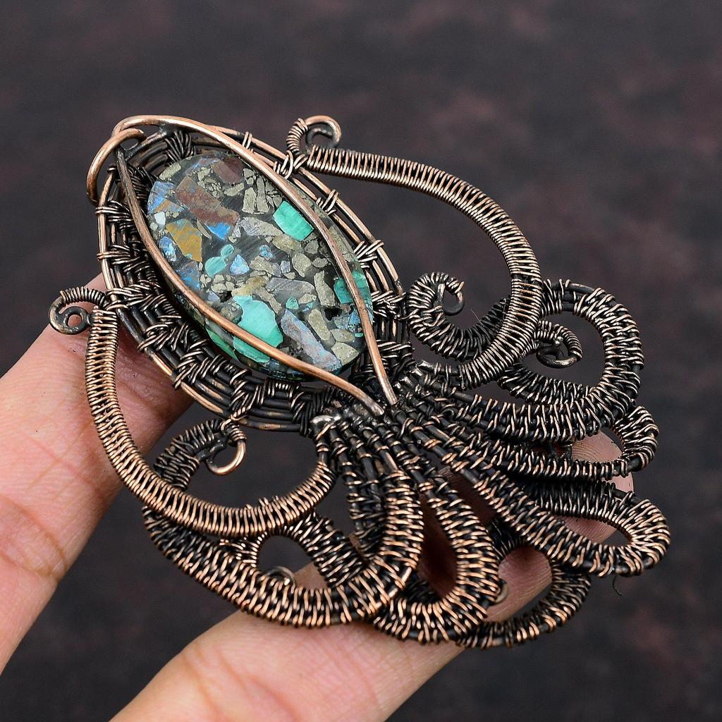 Подвеска из меди, азурита и малахита, подвеска из медной проволоки с драгоценным камнем, дизайнерское ювелирное изделие из меди, подвеска в виде осьминога, ювелирное изделие ручной работы, подарок для мамы