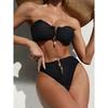 Women 2Pcs Sexy Strapless Bandeau Swimsuit Tube Top and High Waist Thong Bikinis Set Solid Color Beach Bathing Suit