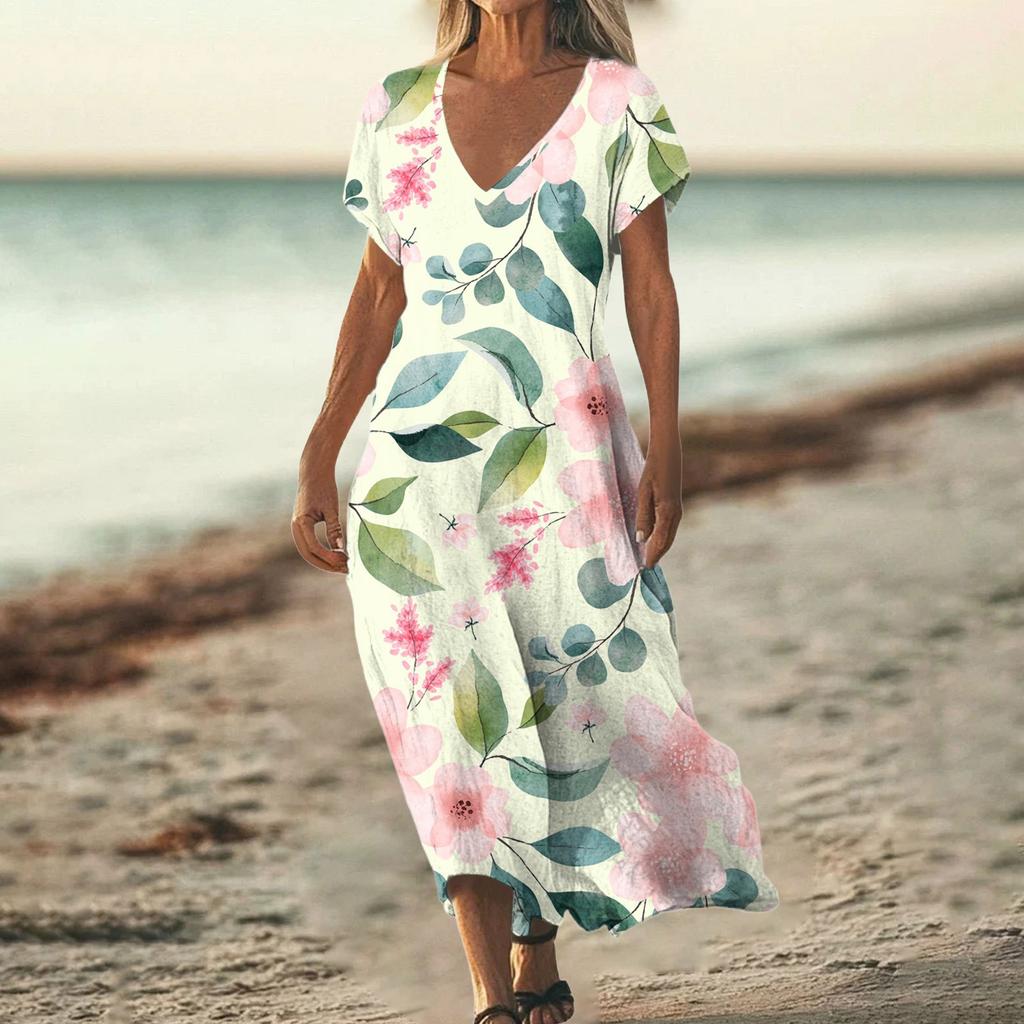 Fashion Women's Summer V-Neck Short Sleeve Floral Print Beach Dress