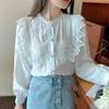 Модная элегантная кружевная рубашка, женская корейская шикарная белая блузка с длинным рукавом, повседневные топы, винтажные милые тонкие свободные рубашки 29511
