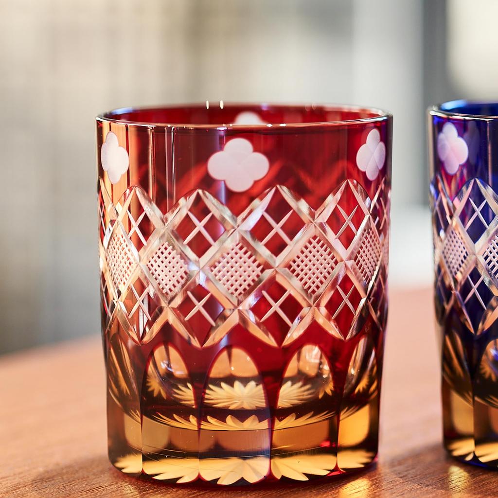 Taiburo Edo Kiriko Glassware with and Pattern Wooden Made In Japan [Official Workshop] Four-Leaf Yarai-Nanko (Amber Red) TB94429AR, Box,