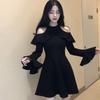 Off-the-shoulder Dress Women's Autumn New Long-sleeved Thin Small Black Short Dress