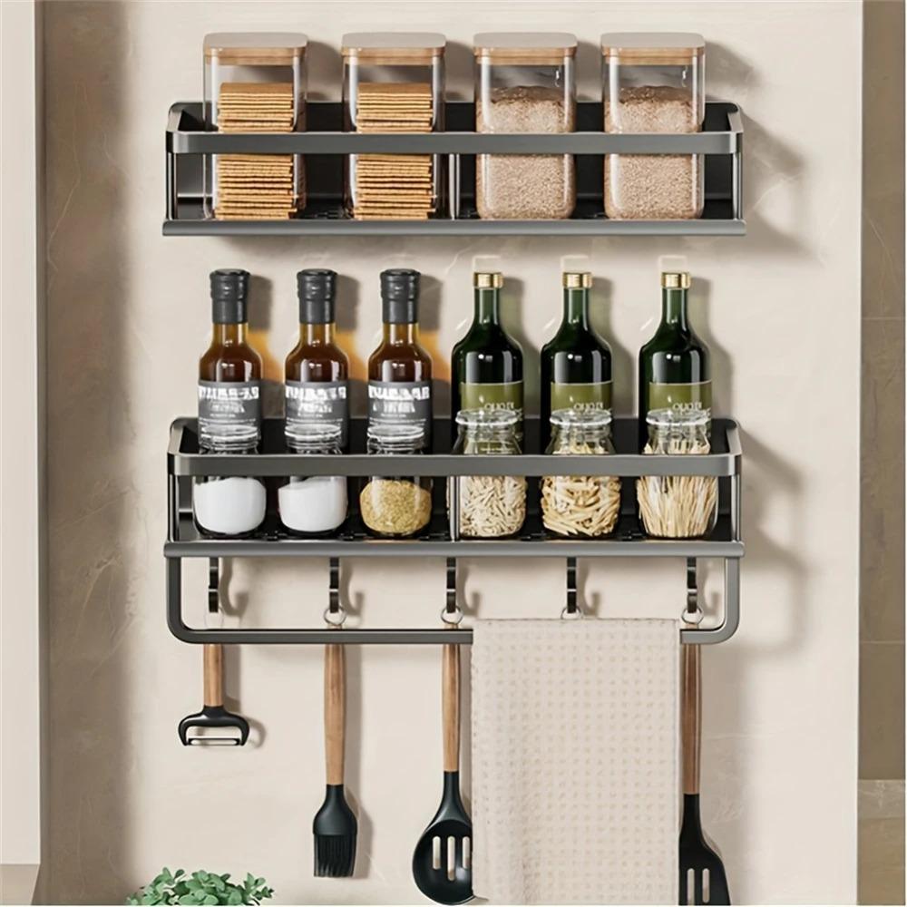 Wall Mounted Spice Rack Aluminum Hanging Spice Jar Holder for Kitchen Storage Rack Kitchen Wall Shelf Seasoning Spice Organizer