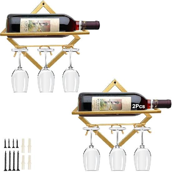AUHOKY 2Pcs Metal Wall Mounted Wine Holder Stemware Glass Rack, Upgrade Collapsible Hanging Red Wine Racks Organizer with 3 Stem Glass Holders, Wine