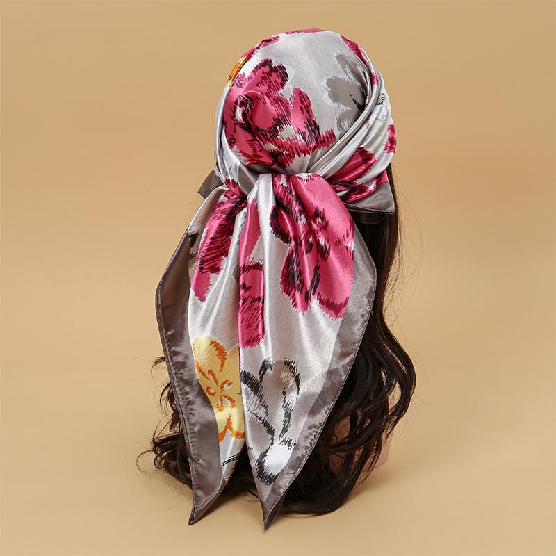 Satin Square Scarf Women Muslim Hijab Elegant Print Silk Neckerchief Shawl Wraps Headband Handle Hair Accessories Bandana