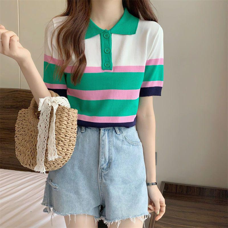 Женская трикотажная футболка с воротником поло в полоску - контрастный цвет, короткий рукав, облегающий крой, стильный, омолаживающий, универсальный летний топ