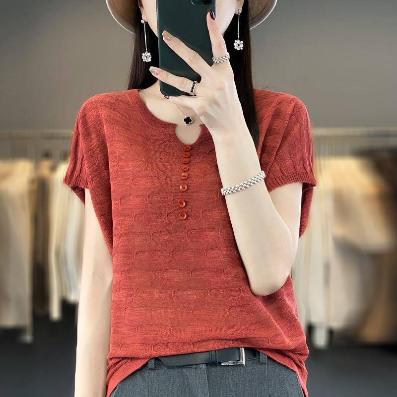 Летняя женская футболка, свободный повседневный однотонный свободный вязаный топ из ледяного шелка с короткими рукавами