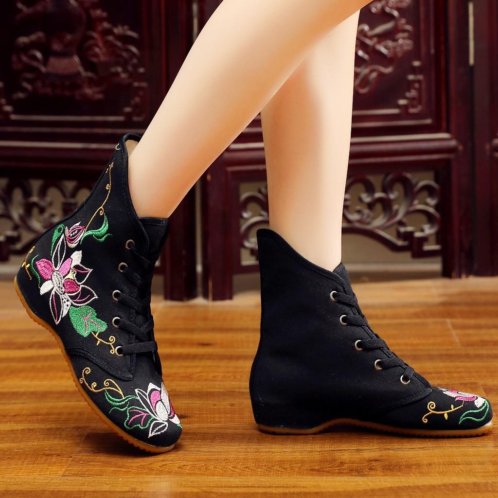 Women's Embroidered  Bare Booties Sport Lace-Up Square Heel Short Boots