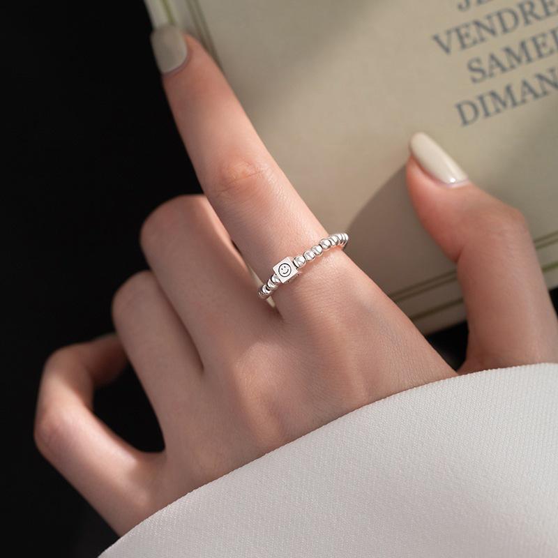 925 Sterling Silver Smiley Face Ring for Women - Round Bead Design, Plain Band, Ideal Summer Accessory
