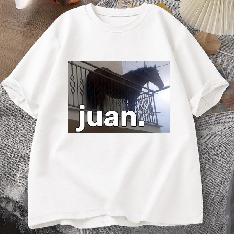 Juan Silly Horse on Balcony Dank Meme Pattern T-shirt Funny Unisex's Round Neck Casual Short Sleeve T-shirt Summer Top