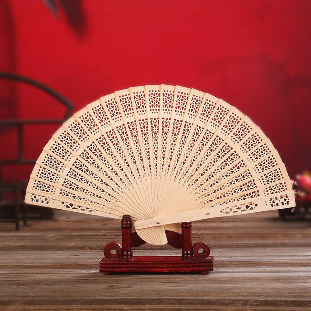 Vintage Bamboo Folding Fan Engraved Hollow Wooden Fan New Hand Held Fan Women