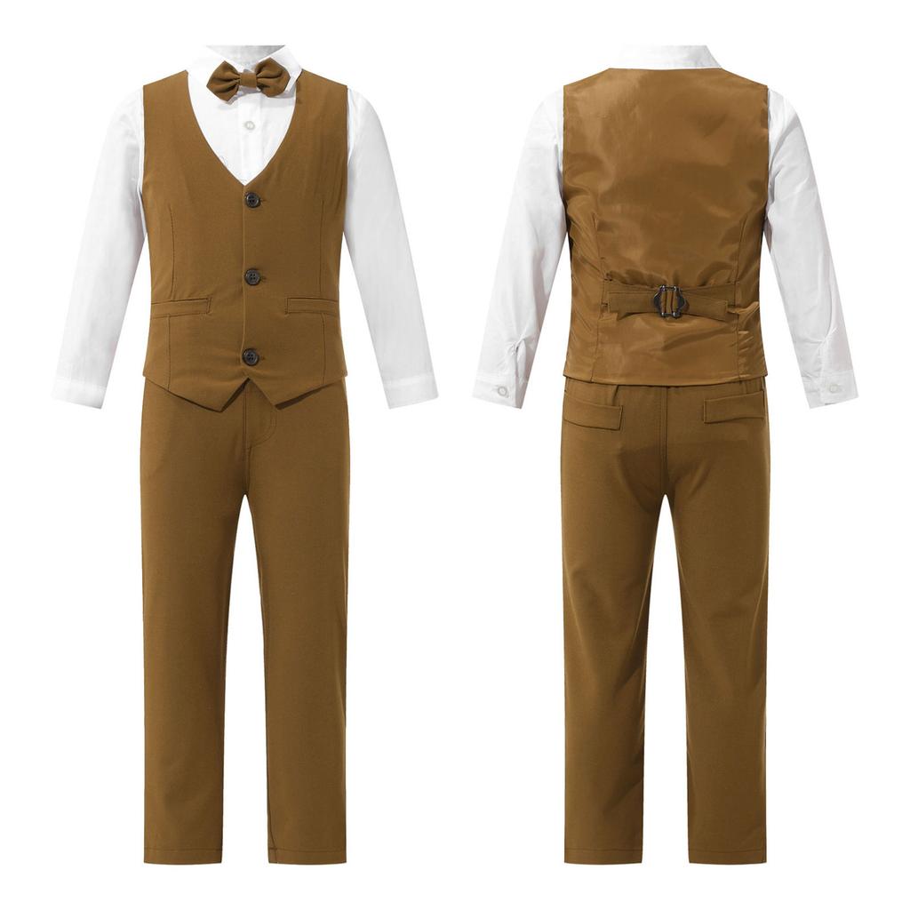 Детский джентльменский наряд из 4 предметов для мальчиков, белая рубашка с длинными рукавами, жилет с галстуком-бабочкой и длинный брючный костюм