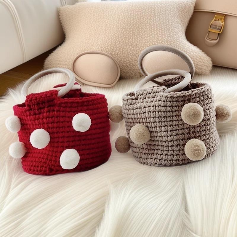 Пряжа Вязание Помпон Сумка-ведро - Модная Вязаная Готовая Женская Портативная Сумка