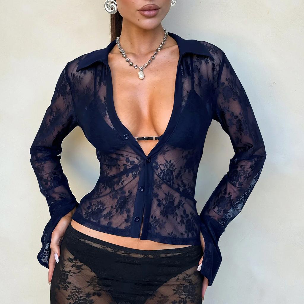 Осенний женский кардиган Y2K с длинным рукавом, сексуальный, с талией, с вырезом, кружевная рубашка, топ