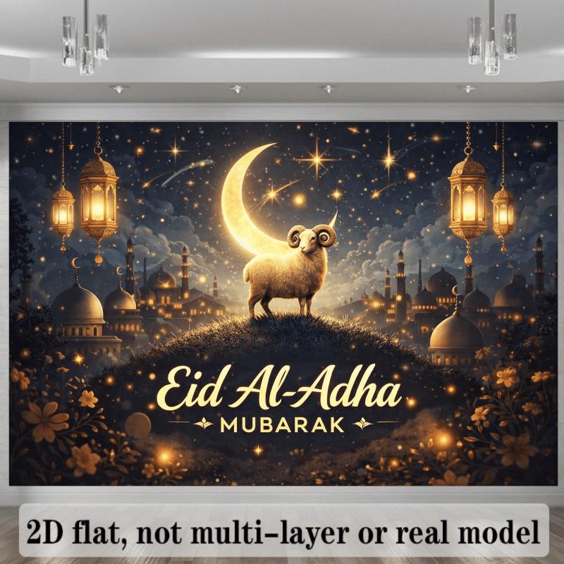 1 шт., 2D плоский, фон на тему Курбан-байрам со словами «Eid Al-Adha MUBARAK» золотого цвета в центре. (wsj)