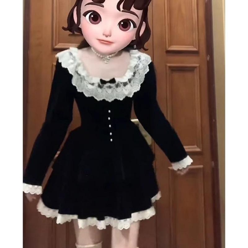 Elegant French High-End Petite Velvet Dress for Autumn/Winter 2026 in Black and Gold